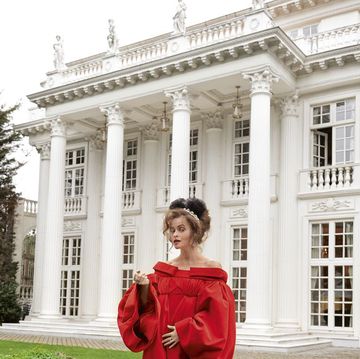 Red, Dress, Canidae, Companion dog, Gown, Outerwear, Architecture, Formal wear, Mansion, Fawn, 