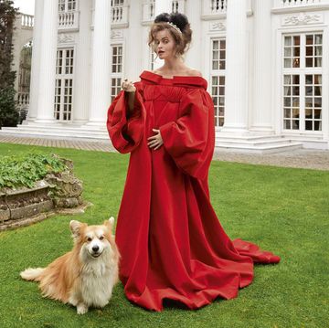 Red, Dress, Canidae, Companion dog, Gown, Outerwear, Architecture, Formal wear, Mansion, Fawn, 