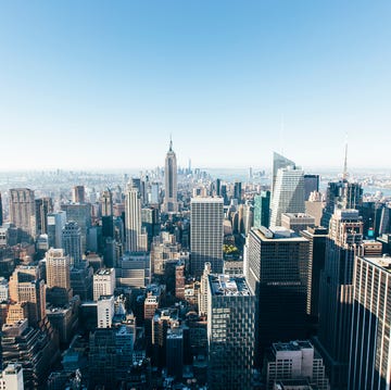 Helicopter aerial view of New York City skyline, NY, United States