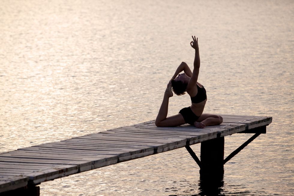 Water, Dock, Sitting, Calm, Balance, Happy, Leg, Pier, Physical fitness, Lake, 