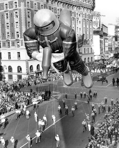 helium filled rubber spaceman, 70 feet tall, at macys day parade in 1953