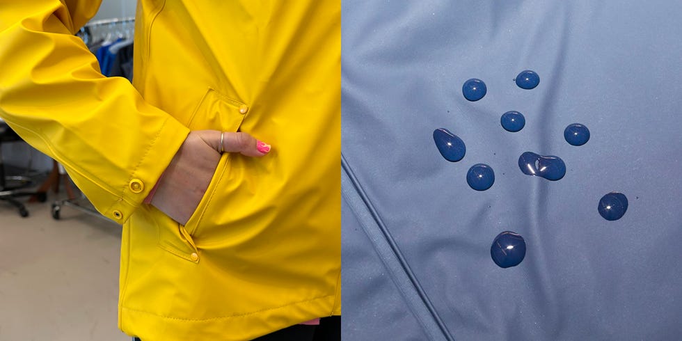 a hand in a pocket of a rain jacket from helly hansen and a a close up of a blue raincoat covered in water droplets