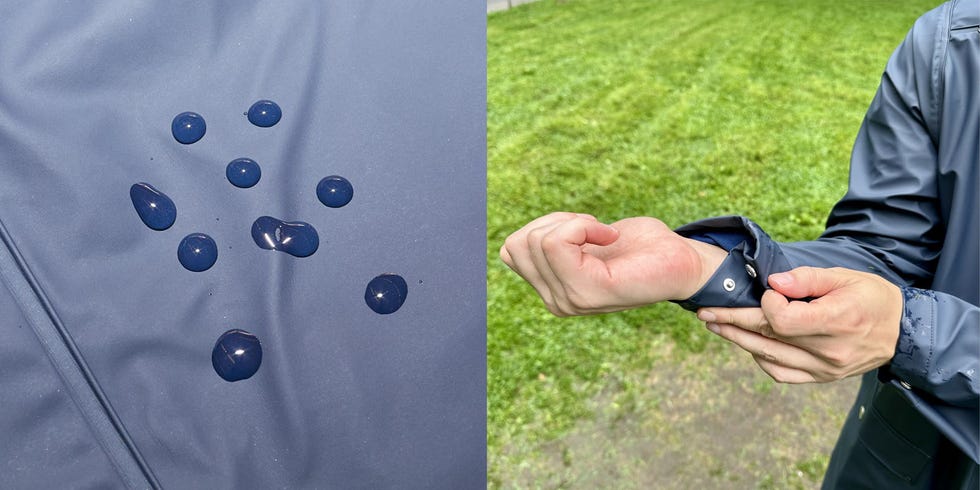 a close up of water droplets on a blue rain jacket from helly hansen and a person snapping the cuff of a blue rain jacket from helly hansen