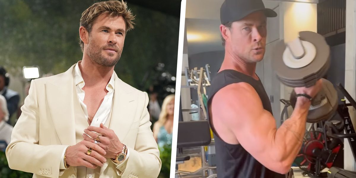 Chris Hemsworth shows off his massive biceps in the gym
