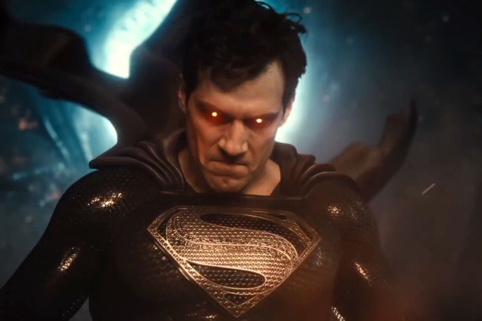 henry cavill as superman with laser eyes, zack snyder's justice league trailer