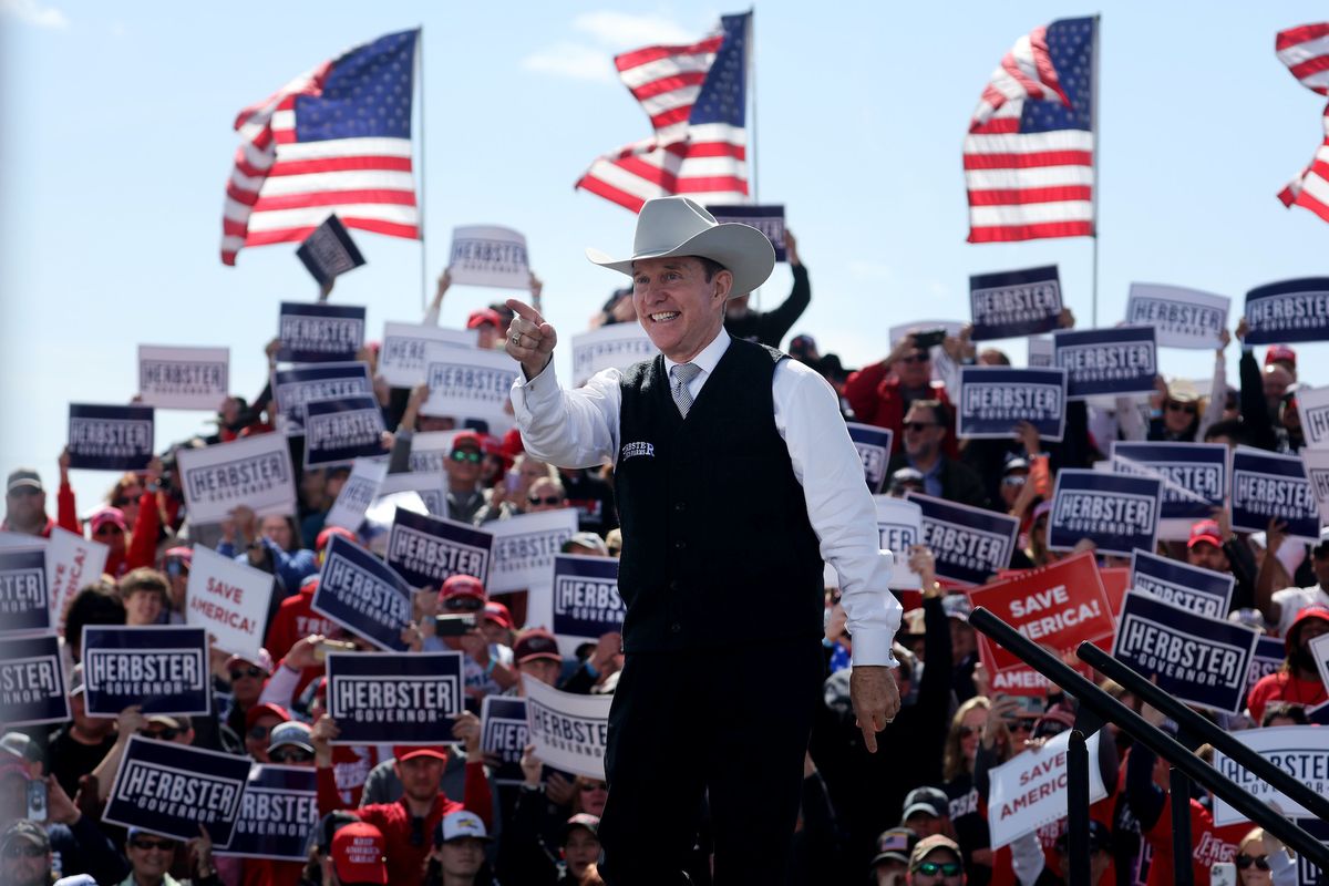 greenwood, nebraska   may 01 nebraska gubernatorial candidate charles herbster speaks during a rally at the i 80 speedway hosted by former president donald trump on may 01, 2022 in greenwood, nebraska  photo by scott olsongetty images