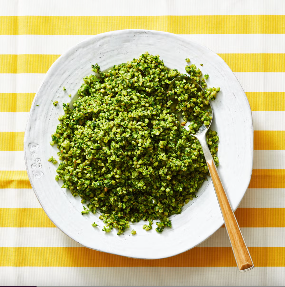 green herbed bulgur salad on a white plate