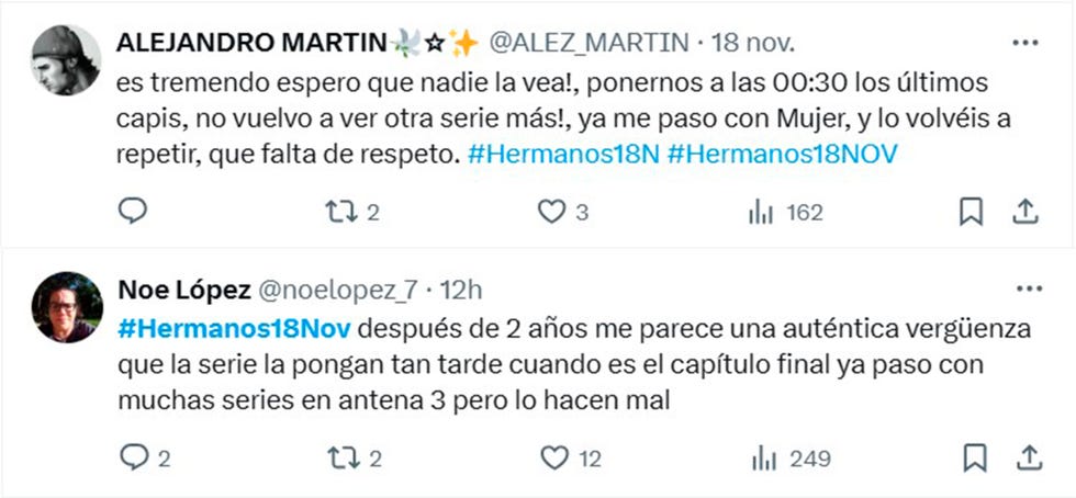dos tweets criticando el horario del final de 'hermanos'