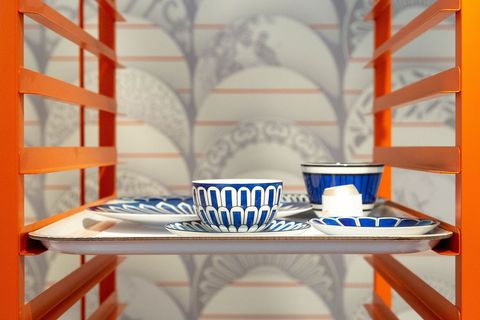 Blue, Orange, Furniture, Table, Room, Interior design, Blue and white porcelain, Porcelain, Shelf, Architecture, 