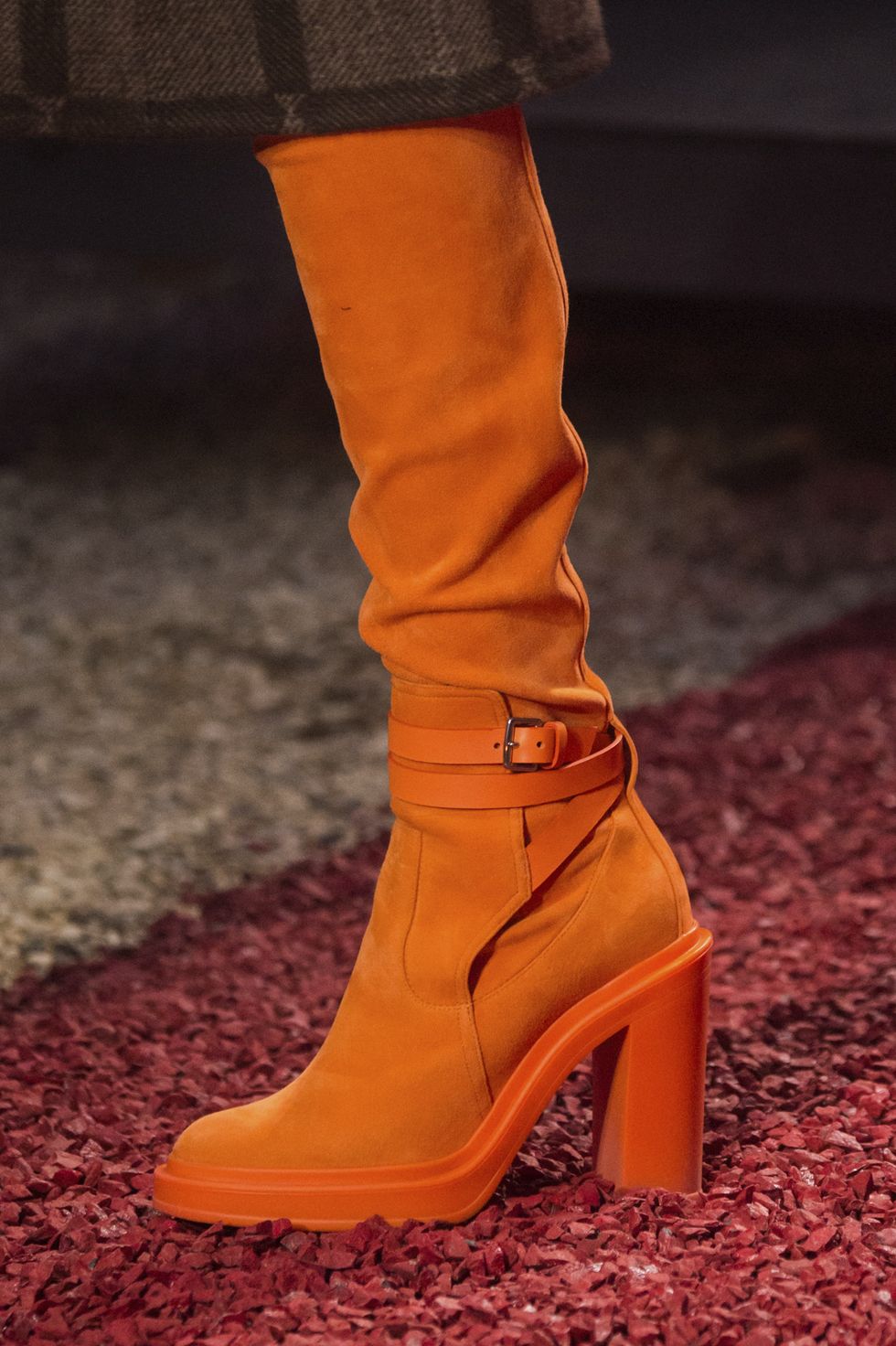 Footwear, Shoe, Orange, Tan, Yellow, Boot, Brown, Fashion, Human leg, High heels, 