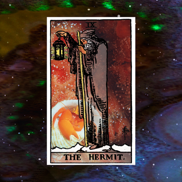 the hermit tarot card over a space themed background