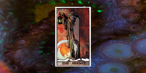 the hermit tarot card over a space themed background
