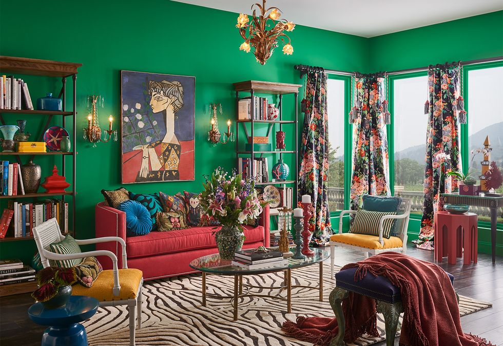 Green, Room, Red, Living room, Interior design, Furniture, Turquoise, Yellow, House, Building, 