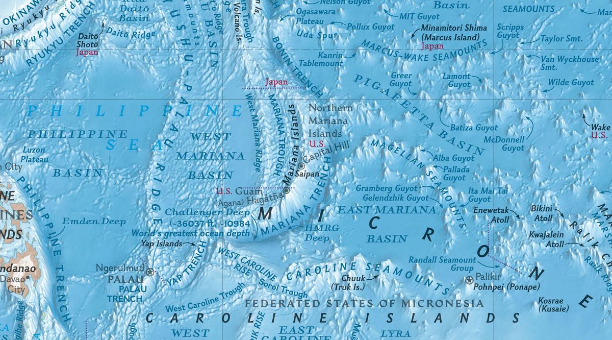 Op deze kaart van de Marianentrog staat het diepste punt op aarde het Challenger Deep aangegeven
