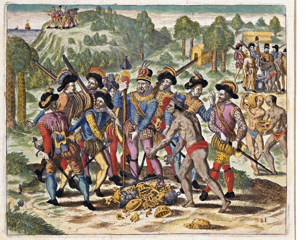 Panquiaco een lokale heerser uit Panama overhandigt een goudschat aan de Spanjaarden Conquistador Vasco Nez de Balboa neemt hem in ontvangst Tekening van Theodor de Bry bij een verhaal over de ontdekking van Amerika door G Benzoni uit 1594