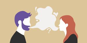 man and woman talking with speech bubble in the middle   couple communication vector illustration