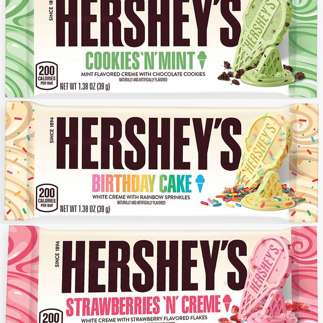 hershey's ice cream shoppe bars birthday cake, cookies 'n' mint, and strawberries 'n' creme