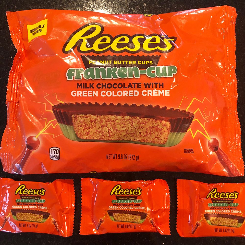 The New Reese's Franken-Cup Peanut Butter Cups Have Spooky Green Crème for  Halloween