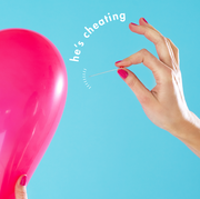 needle popping pink balloon with the text "he's cheating"