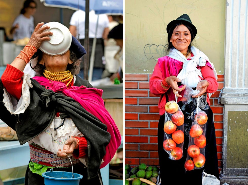 Een dame neemt haar maaltijdtogo op de markt van Otavalo even buiten Quito Credit Danita DelimontAlamy links Een vrouw verkoopt appels op de markt Traditie overlevingskracht en de kunst van het genieten staan centraal in de keuken van Quito Credit Christian HeebLaifHH
