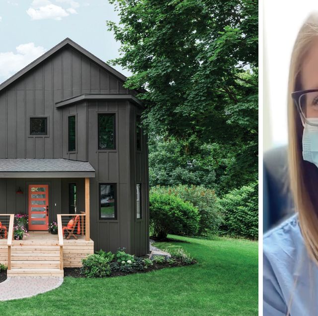 hgtv urban oasis giveaway 2020 home with dark paint, lawn, and trees healthcare worker with glasses and scrubs
