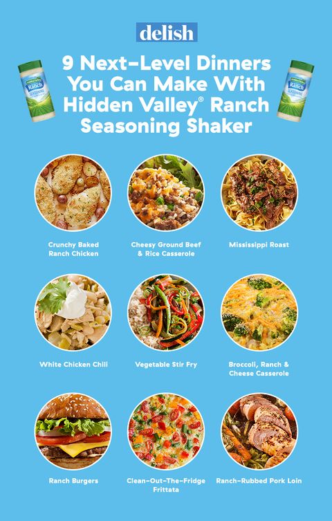 an image of 9 dinner recipes made with hidden valley® ranch seasoning shaker