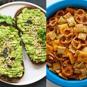 an image of avocado toast, chex mix, and pan seared salmon made with hidden valley® ranch seasoning shaker
