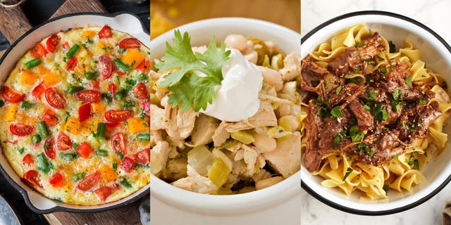 an image of a vegetable frittata, chicken chili, and mississippi roast made with hidden valley® ranch seasoning shaker