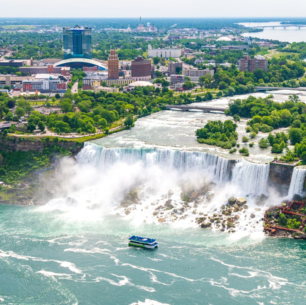 high angle view of a tourboat in the american and bridal veil waterfalls in niagara falls