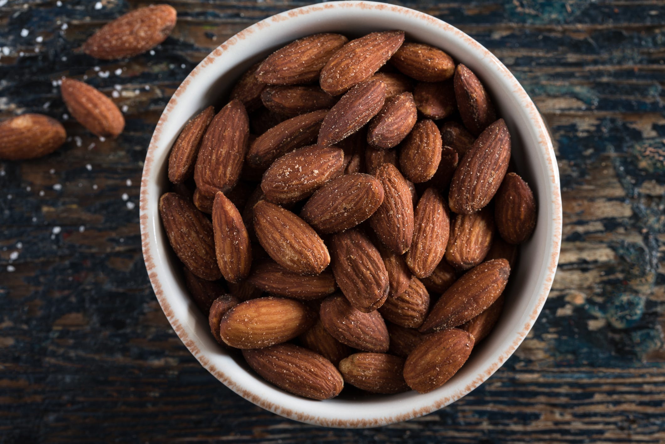High Angle View Of Almonds In Bowl On Table