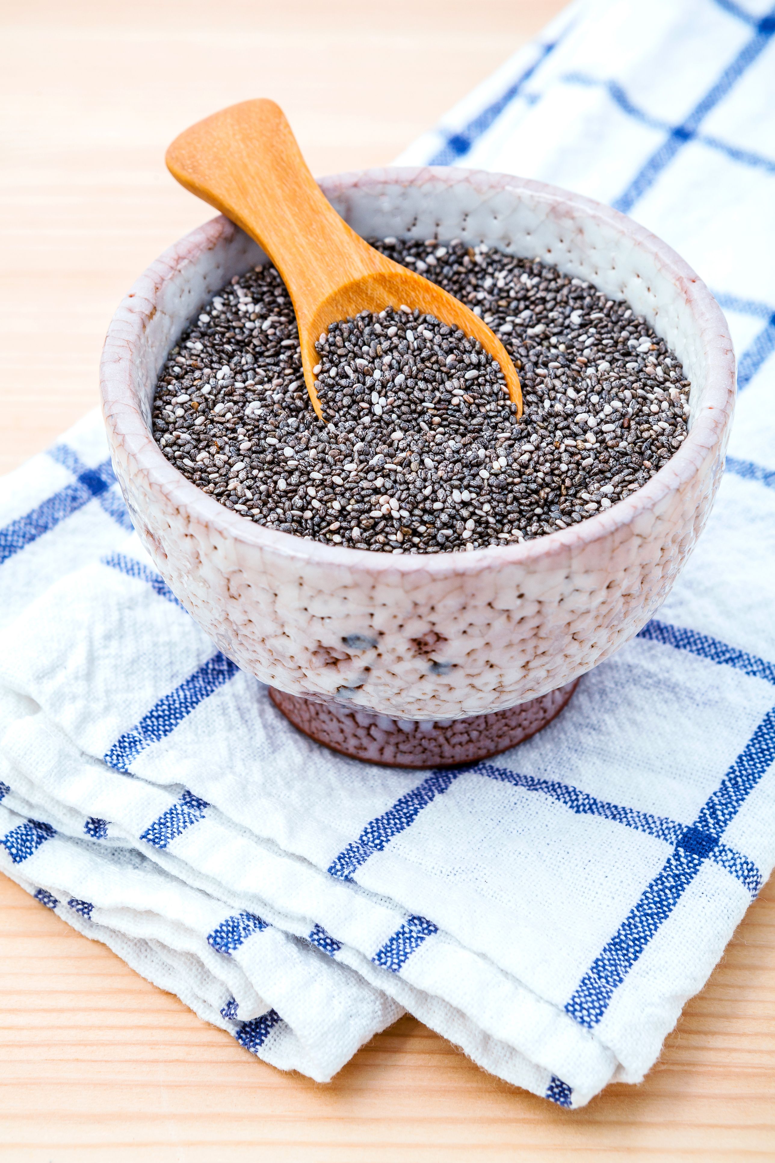 High Angle View Of Chia Seeds In Bowl On Table