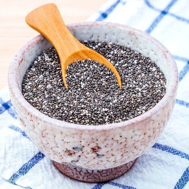 High Angle View Of Chia Seeds In Bowl On Table