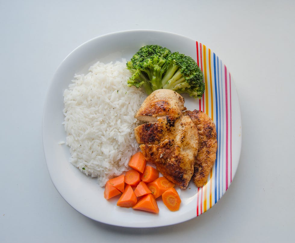 high angle view of chicken and rice in plate against white background