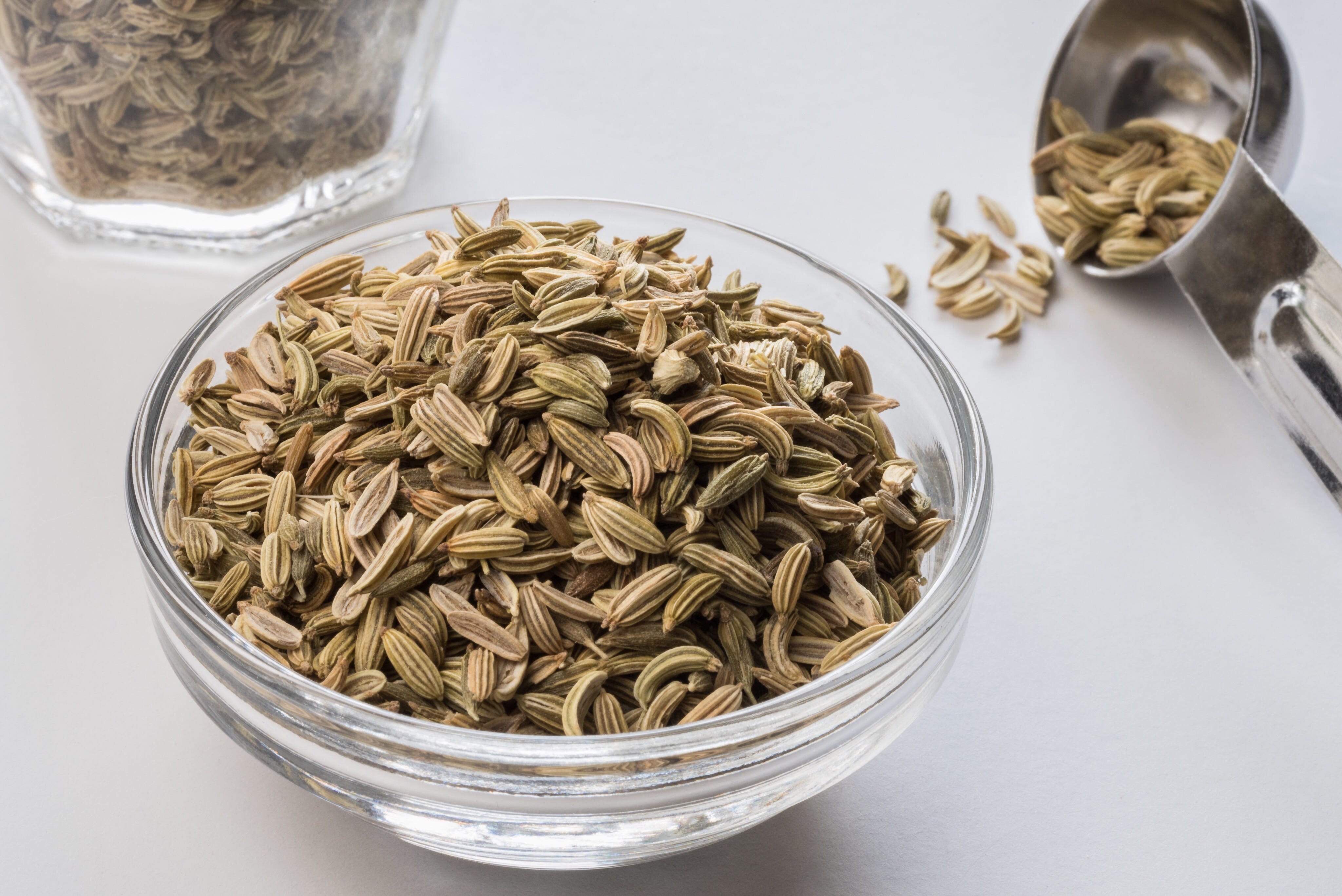 High Angle View Of Fennel Seeds In Bowl On White Table