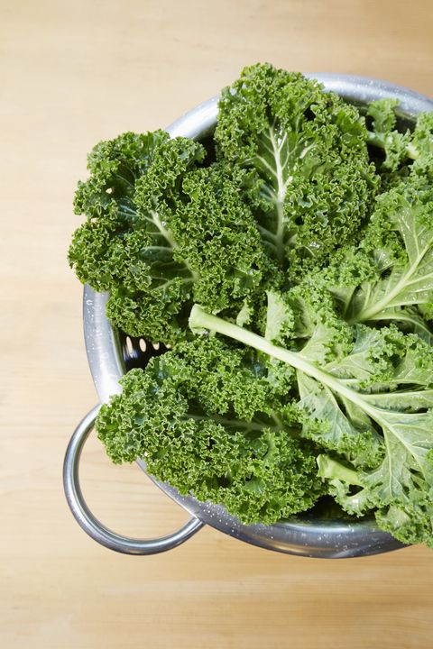 High angle view of fresh kale in a colander