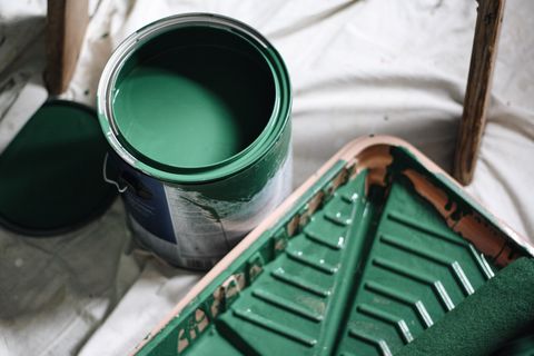 high angle view of green paint can in a home paint project
