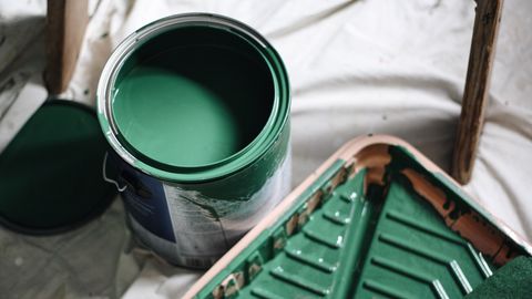 High Angle View Of Green Paint Can At Home