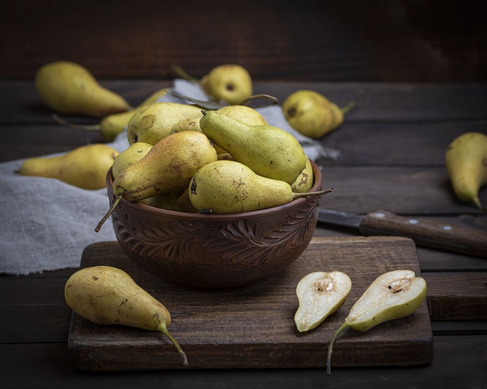 high angle view of pears in bowl on wooden table