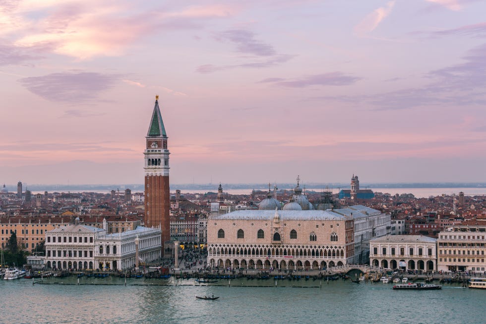 high angle view of the old town at dusk, venice