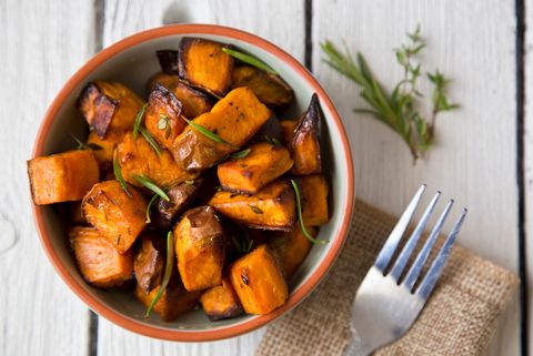 Directly Above Shot Of Roasted Sweet Potatoes Served In Bowl