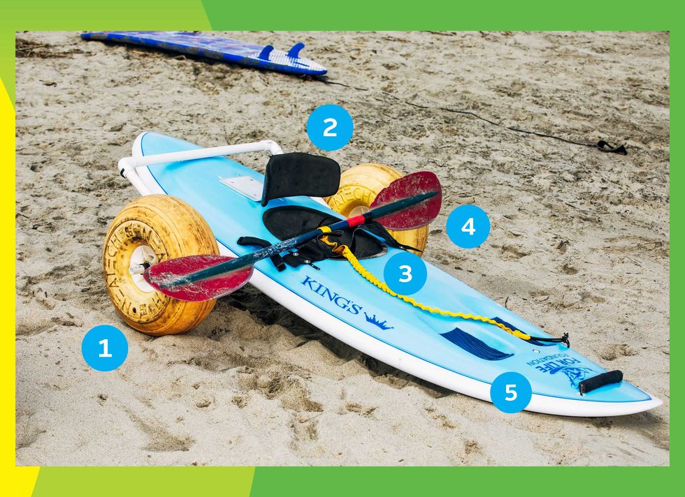 A waveski used by surfers at the High Fives Foundation surf camp in San Clemente, CA in May 2019.