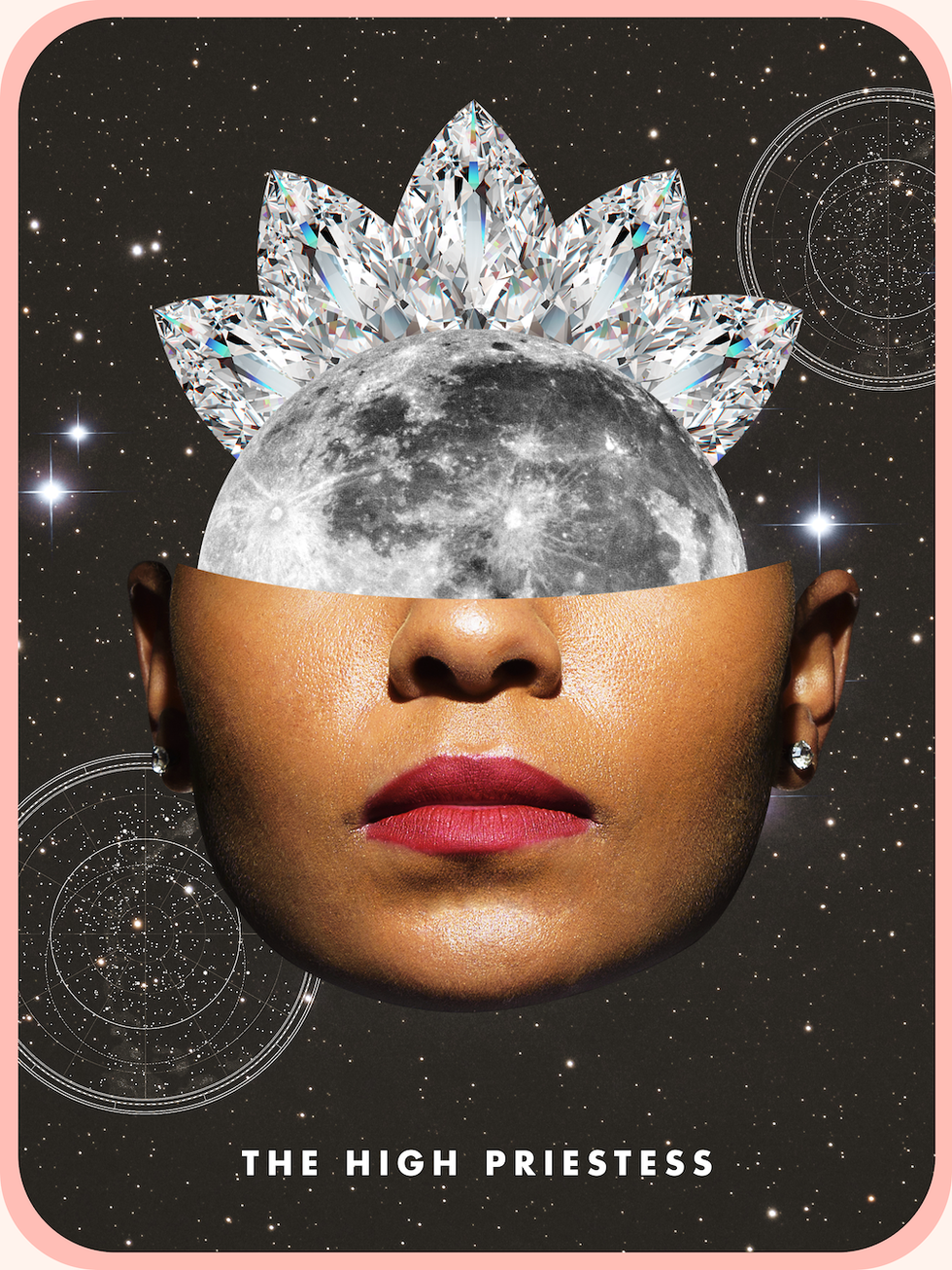 the high priestess tarot card, showing the bottom half of a black woman's face with red lipstick and diamond earrings with a full moon behind her
