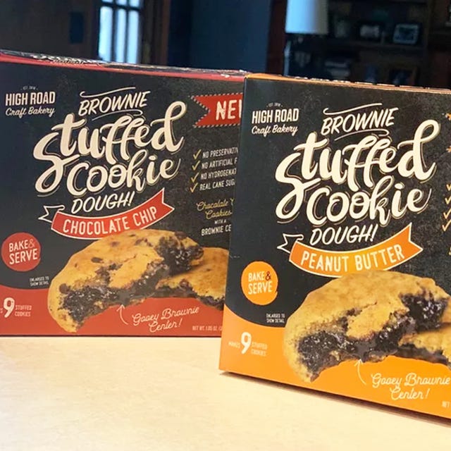 high road craft bakery brownie stuffed cookie dough in chocolate chip and peanut butter flavors