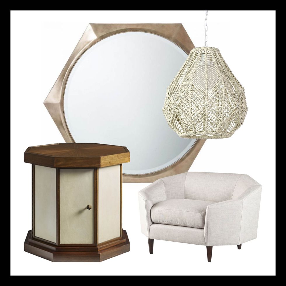 faceted casegood trend with mirror by alexa hampton for theodore alexander, light fixture by palecek, chair by thomas pheasant for baker, and side table by david phoenix for hickory chair