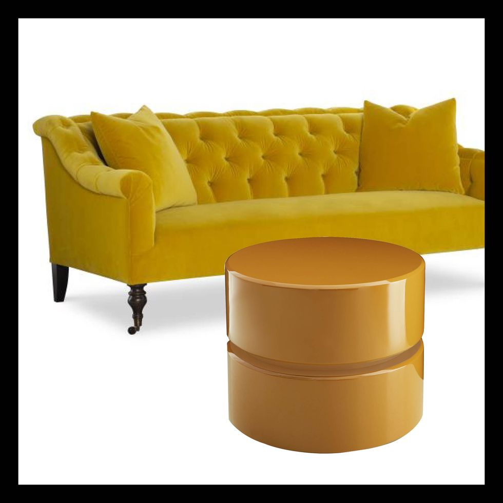 mustard color trend with sofa by barrie benson for highland house and side table for arteriors