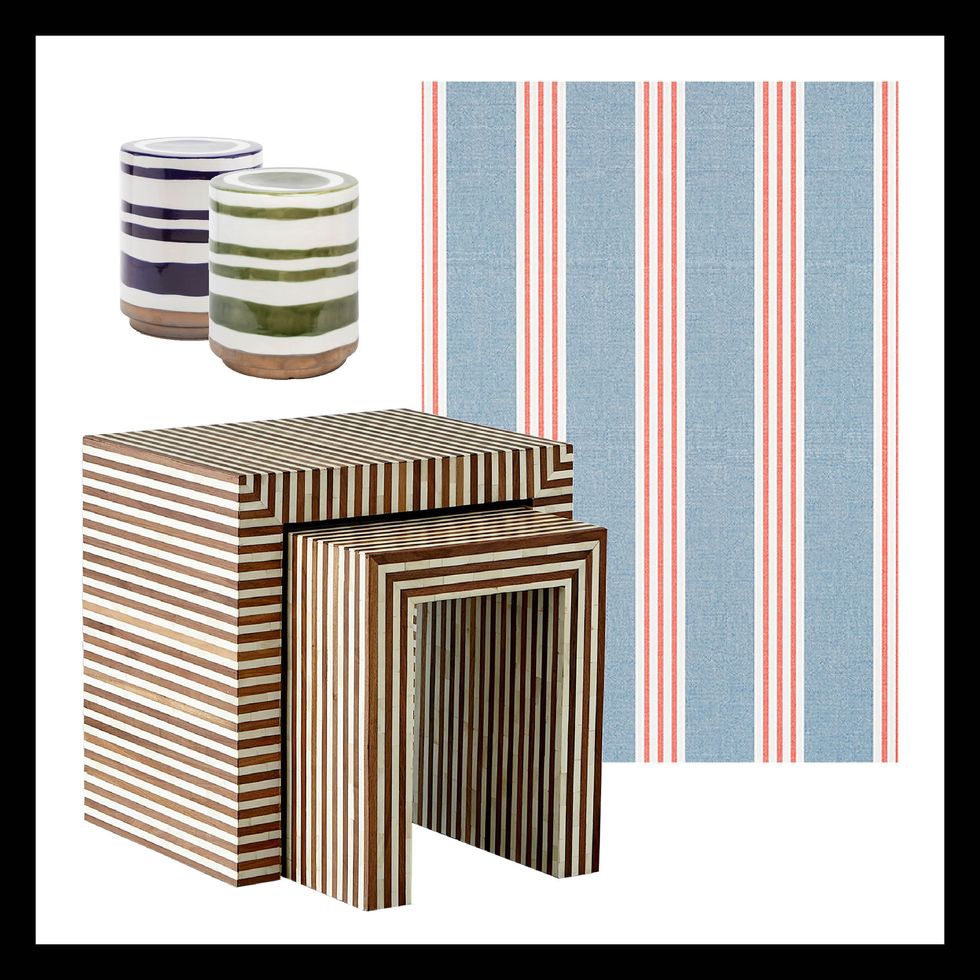 stripes trend showing circular drums by made goods, striped nesting tables by studio a and striped fabric by thibaut