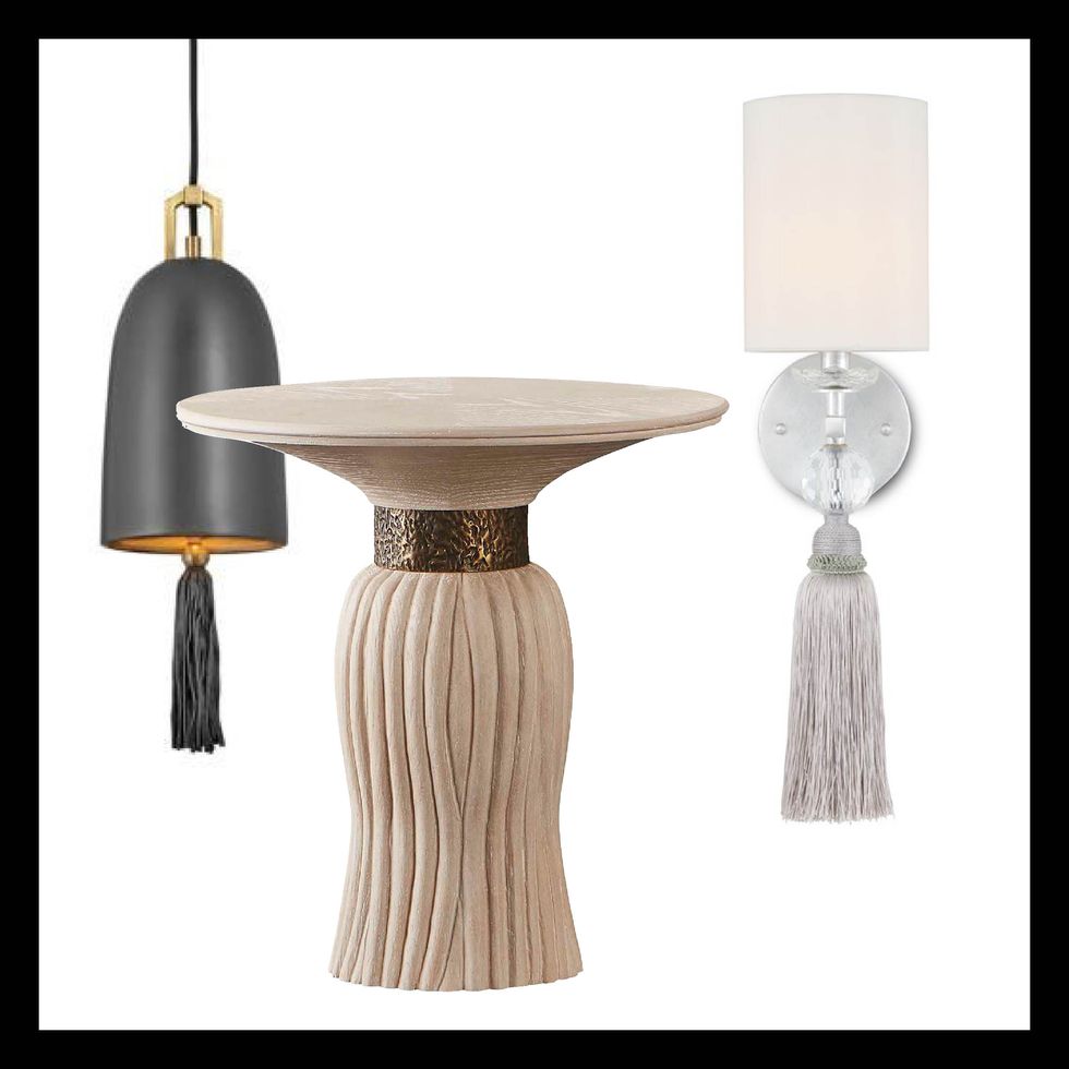 tassel trend shown in light by lisa mcdennon for hinkley lighting, table by alexa hampton for theodore alexander and sconce by currey and co