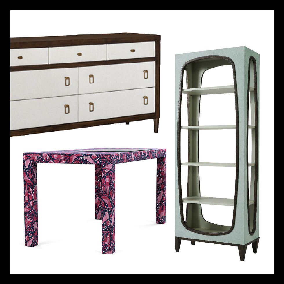 upholstered casegoods trend with dresser by david phoenix for hickory chair, desk by label 180, and bookcase by michael berman for theodore alexander
