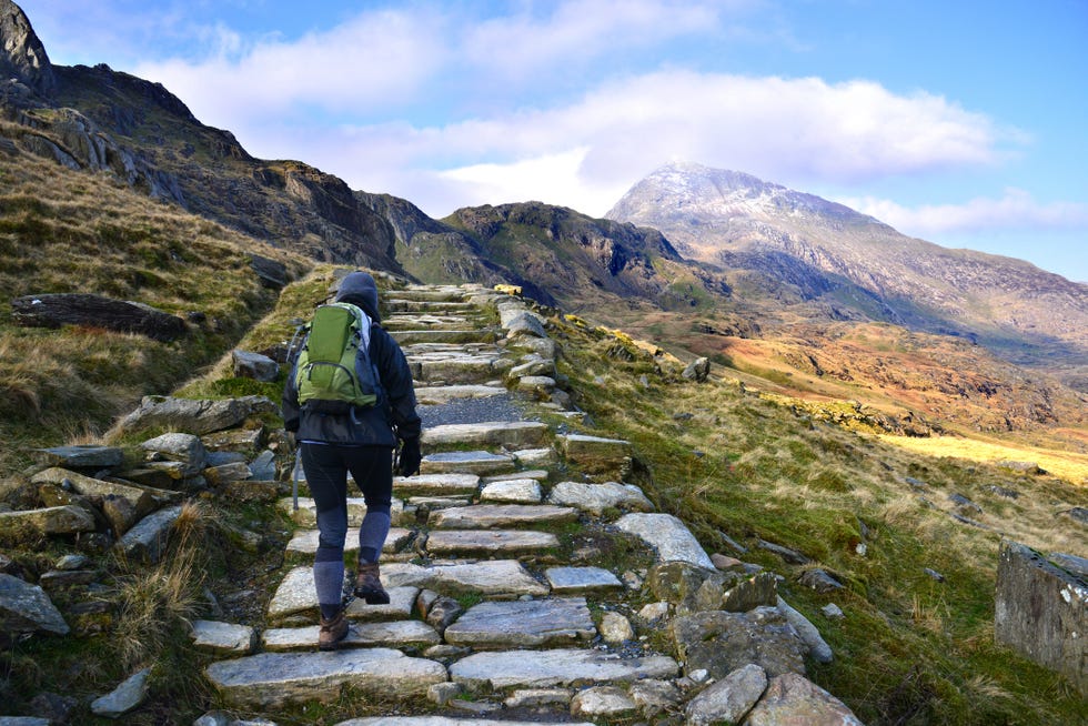 hiker climbing snowdon by the pyg tack