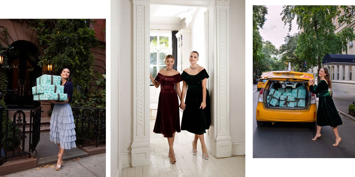 four models wear holiday nap dresses by hill house home around new york city